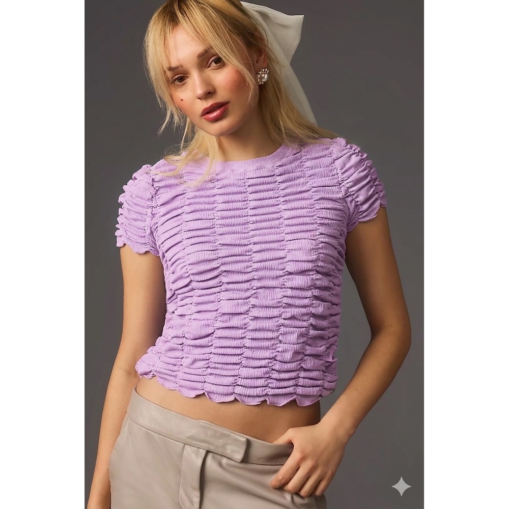 Anthropologie Ruched Baby Tee Top M  Textured Smocked‎ Y2K Coquette Dainty Girly